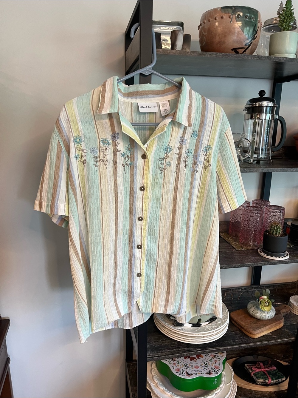 Alfred Dunner Pastel Striped Button Front Shirt with Floral Embroidery 16